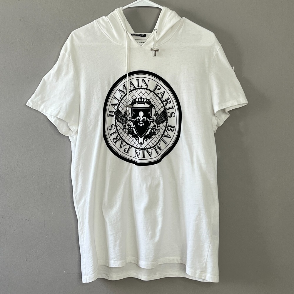 Balmain White Hoodie T-Shirt with Black Crest Logo